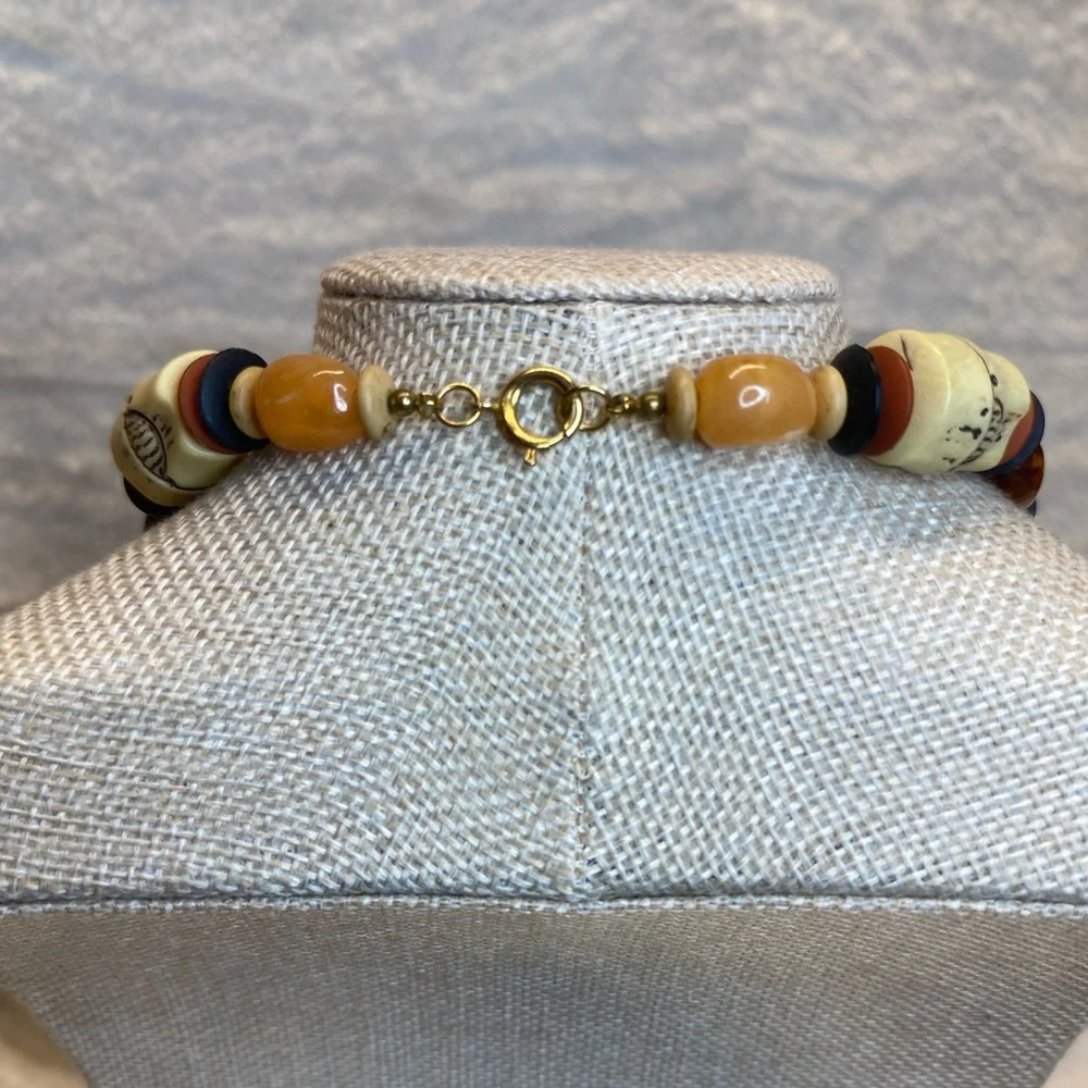 Vintage Tribal Mixed Media Choker Necklace Amber Wood Bone and Acrylic Beads 15” - Picture 13 of 13